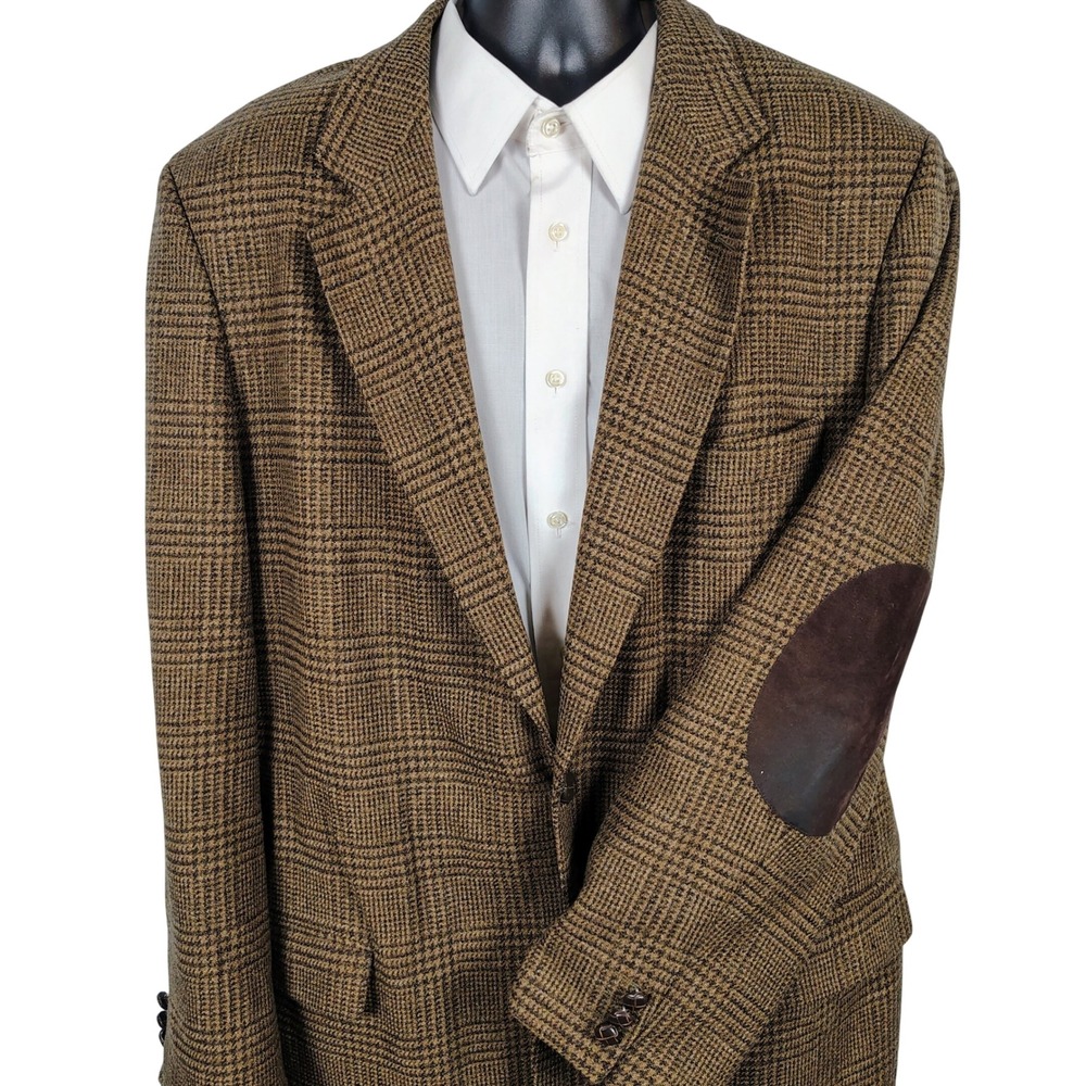 Banana Republic Mens 44L Blazer Brown Glen Plaid Wool Elbow Patch Dark Academia